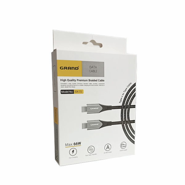 کابل شارژ فوق سریع 66 وات USB-C به USB-C گرند مدل GK-72 با روکش کنفی و جریان 6 آمپر کابل شارژ فوق سریع 66 وات USB-C به USB-C گرند مدل GK-72 با روکش کنفی و جریان 6 آمپر