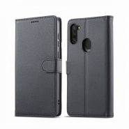 کیف کلاسوری چرمی مشکی برای گوشی سامسونگ Galaxy A11 با درب مگنت دار و قابلیت استند