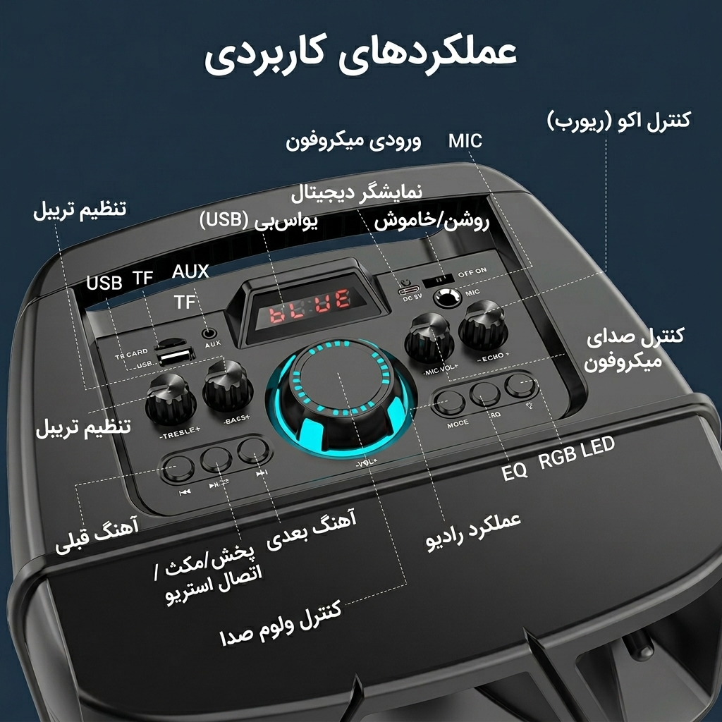 دکمههای تنظیم صدا و ورودیهای اسپیکر پارتی باکس ZQS 8210 دکمههای تنظیم صدا و ورودیهای اسپیکر پارتی باکس ZQS 8210